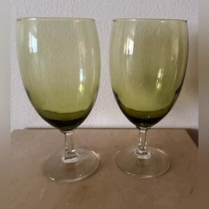 Vintage Olive Green wine or water goblets. 7”H